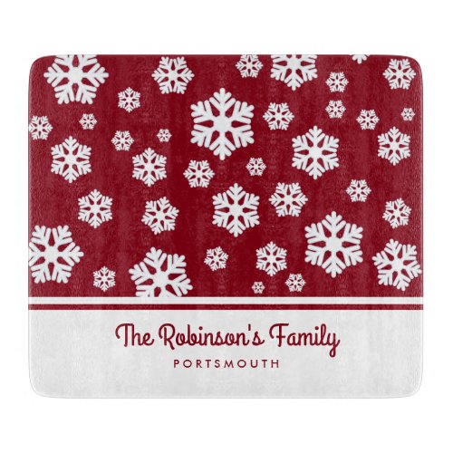 Chic White Snowflakes Nordic Pattern on Dark Red Cutting Board