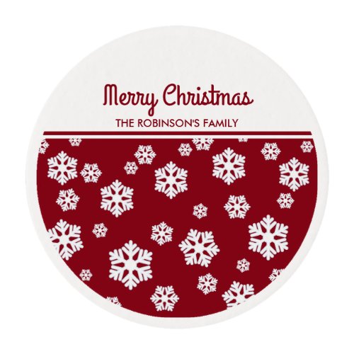 Chic White Snowflakes Nordic Pattern on Dark Red Edible Frosting Rounds