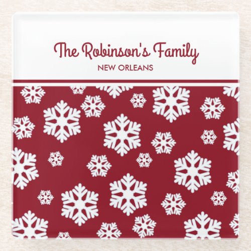 Chic White Snowflakes Nordic Pattern on Dark Red Glass Coaster