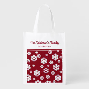 Chic White Snowflakes Nordic Pattern on Dark Red Grocery Bag
