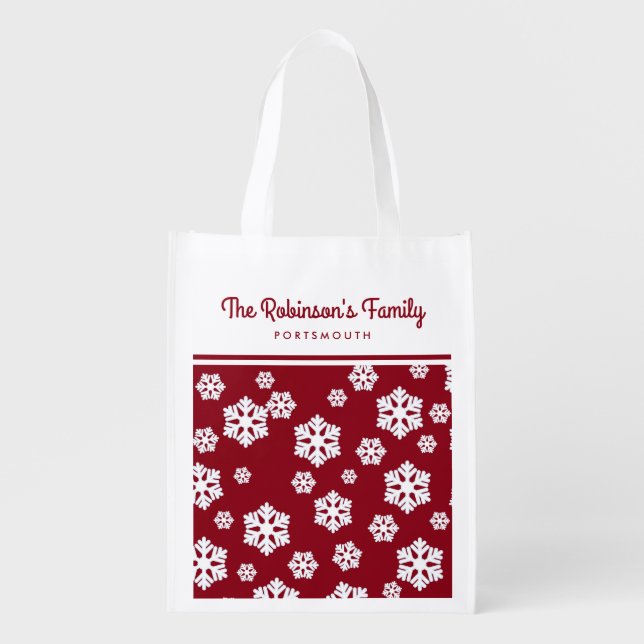 Chic White Snowflakes Nordic Pattern on Dark Red Grocery Bag (Front)