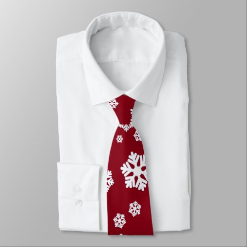 Chic White Snowflakes Nordic Pattern on Dark Red H Neck Tie