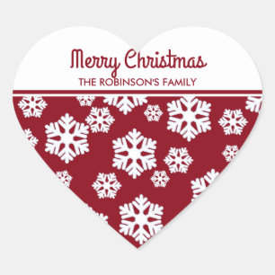 Chic White Snowflakes Nordic Pattern on Dark Red Heart Sticker