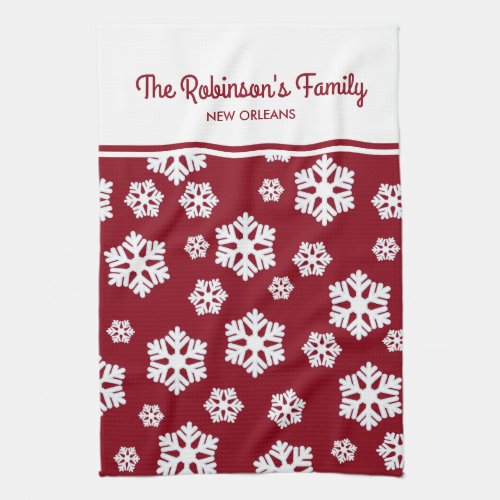 Chic White Snowflakes Nordic Pattern on Dark Red Kitchen Towel