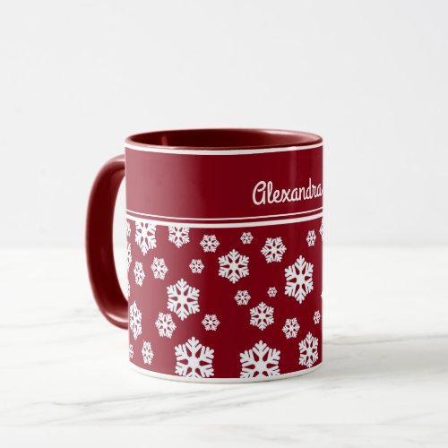 Chic White Snowflakes Nordic Pattern on Dark Red M Mug