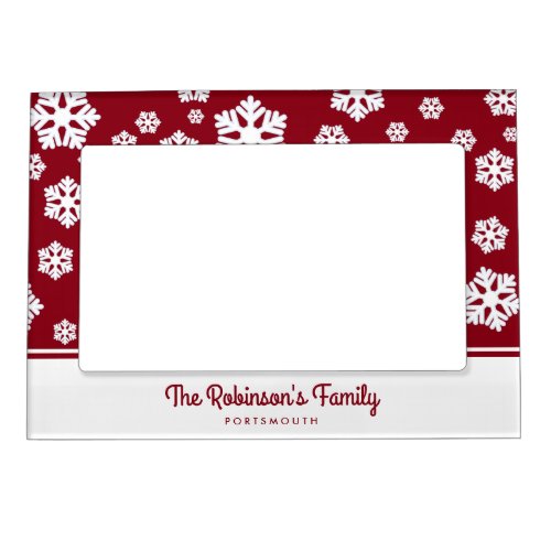 Chic White Snowflakes Nordic Pattern on Dark Red Magnetic Frame