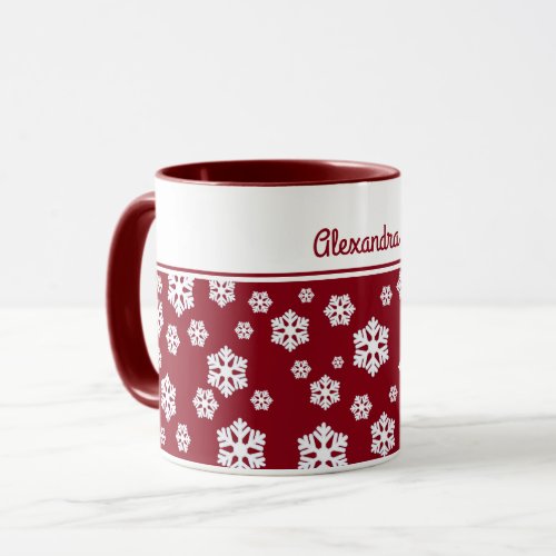 Chic White Snowflakes Nordic Pattern on Dark Red Mug