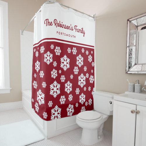 Chic White Snowflakes Nordic Pattern on Dark Red Shower Curtain