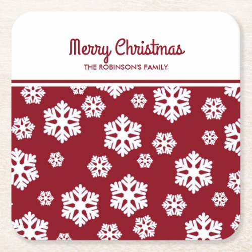 Chic White Snowflakes Nordic Pattern on Dark Red Square Paper Coaster