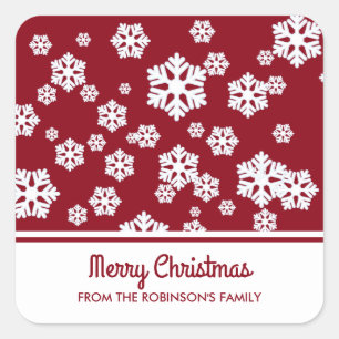 Chic White Snowflakes Nordic Pattern on Dark Red Square Sticker