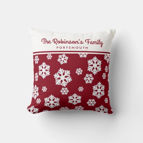 Chic White Snowflakes Nordic Pattern on Dark Red T Throw Pillow