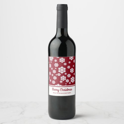 Chic White Snowflakes Nordic Pattern on Dark Red Wine Label