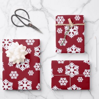 Chic White Snowflakes Nordic Pattern on Dark Red Wrapping Paper Sheets