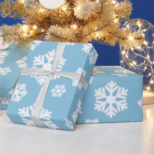 Chic White Snowflakes Nordic Pattern on Ice Blue Wrapping Paper