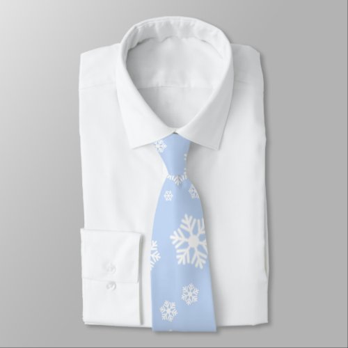 Chic White Snowflakes Nordic Pattern on Icy Blue Neck Tie