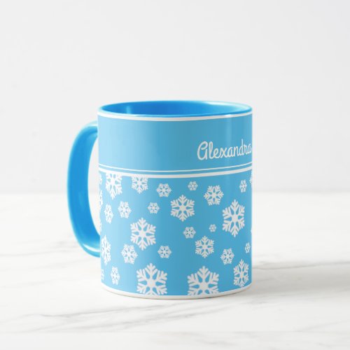 Chic White Snowflakes Nordic Pattern on Light Blue Mug