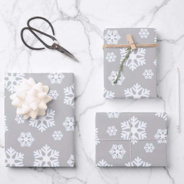 Chic White Snowflakes Nordic Pattern on Light Gray Wrapping Paper Sheets (Front)