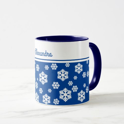 Chic White Snowflakes Nordic Pattern on Navy Blue Mug