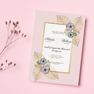 Chic white tropical gold pink mint floral wedding invitation