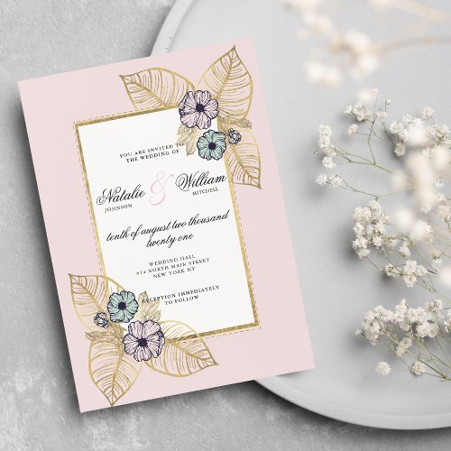 Chic white tropical gold pink mint floral wedding invitation