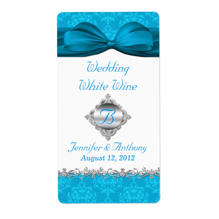 Chic White & Turquoise Damask Mini Wine Labels