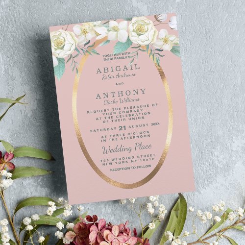 Chic White Vintage Dusty Pink Gold Floral Wedding Invitation