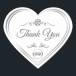 Chic White with Silver Frame and Logo Thank You Heart Sticker<br><div class="desc">*** Vintage style with rose and logo in white and silver. *** Make a lasting impression with this stylish and classy thank you packaging design featuring a pretty rose graphic with curved ornaments and two shimmering silver frames on different colored backgrounds. (find on my shop „YOUR FAVORITE“) Easily customize this...</div>