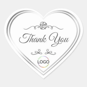 Chic White with Silver Frame and Logo Thank You Heart Sticker