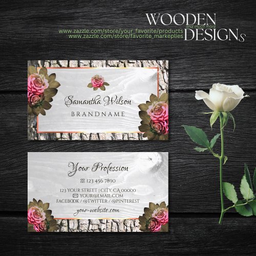 Chic White Wood Grain Pink Roses Natural Tree Bark Business Card