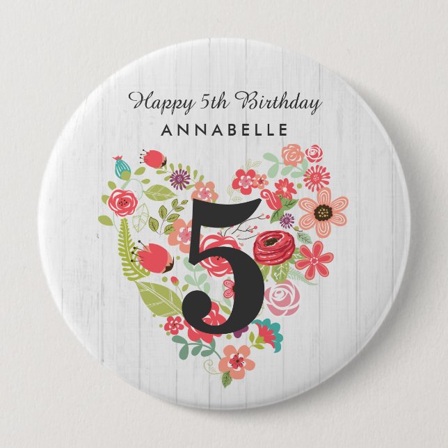 Chic White Wood & Whimsical Floral Happy Birthday Pinback Button (Front)