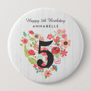 Chic White Wood & Whimsical Floral Happy Birthday Pinback Button