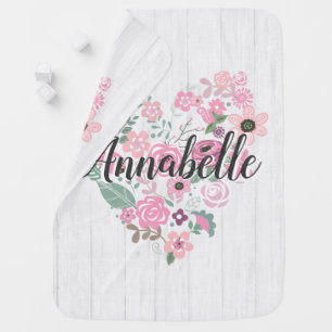 Chic White Wood & Whimsical Floral Heart Monogram Receiving Blanket