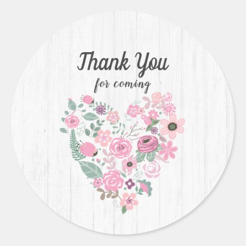 Chic White Wood  Whimsical Floral Thank You Favor Classic Round Sticker