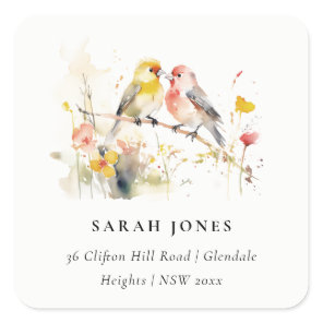 Chic Wild Botanical Watercolor Love Birds Address Square Sticker