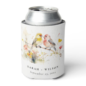 Chic Wild Botanical Watercolor Love Birds Wedding Can Cooler