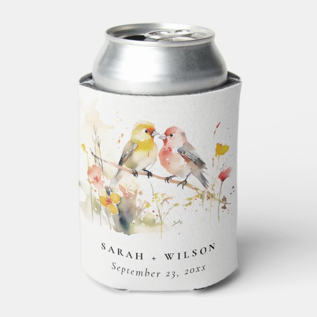 Chic Wild Botanical Watercolor Love Birds Wedding Can Cooler (Can Front)
