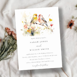 Chic Wild Botanical Watercolor Love Birds Wedding Invitation
