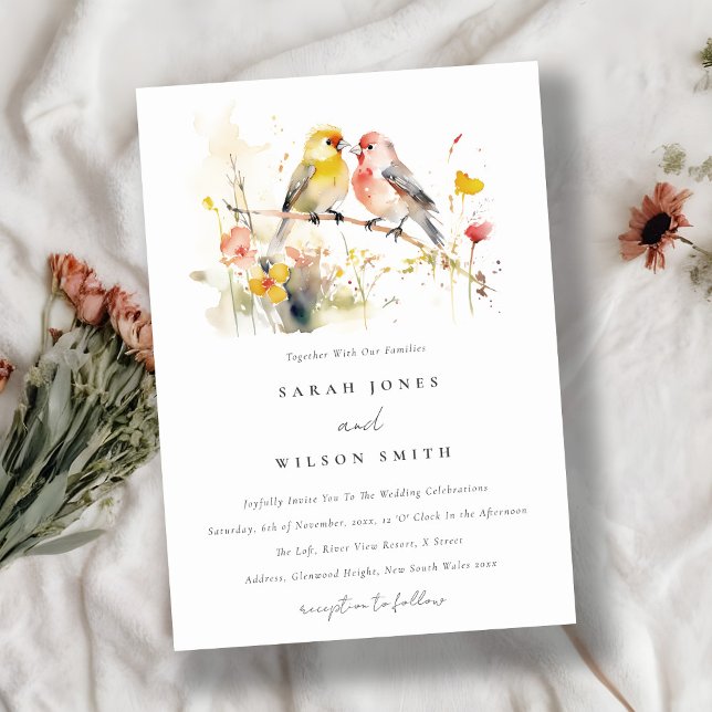 Chic Wild Botanical Watercolor Love Birds Wedding Invitation (Creator Uploaded)