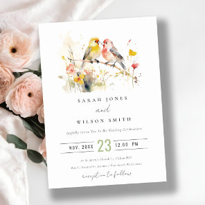 Chic Wild Botanical Watercolor Love Birds Wedding Invitation