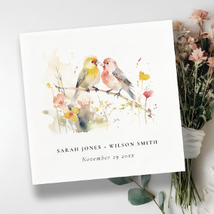 Chic Wild Botanical Watercolor Love Birds Wedding Napkins