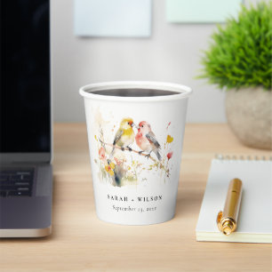Chic Wild Botanical Watercolor Love Birds Wedding Paper Cups