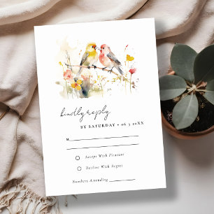 Chic Wild Botanical Watercolor Love Birds Wedding RSVP Card