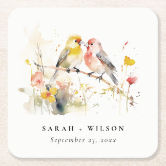 Chic Wild Botanical Watercolor Love Birds Wedding Square Paper Coaster