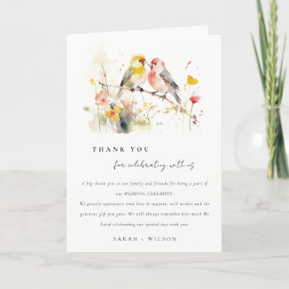 Chic Wild Botanical Watercolor Love Birds Wedding Thank You Card