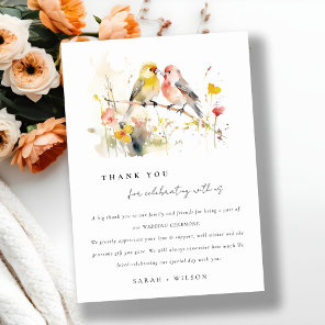 Chic Wild Botanical Watercolor Love Birds Wedding Thank You Card