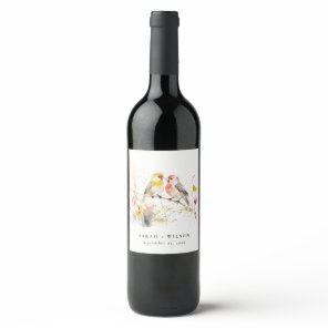 Chic Wild Botanical Watercolor Love Birds Wedding Wine Label