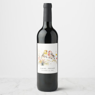 Chic Wild Botanical Watercolor Love Birds Wedding Wine Label