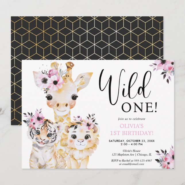 Chic Wild One safari girls 1st birthday party Invitation (Front/Back)