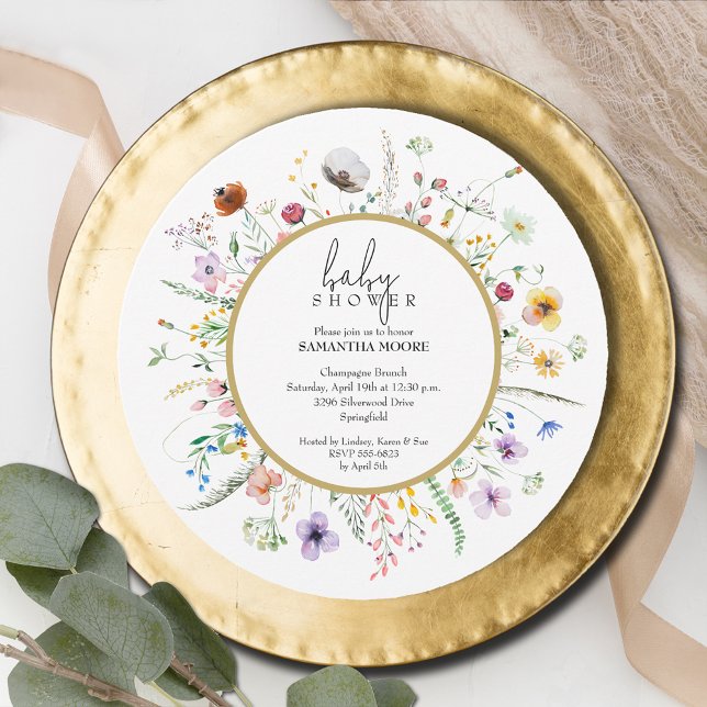 Chic Wildflower Baby Shower Round Invitation (Chic Wildflower Baby Shower Round Invitations, INSTANT DOWNLOAD and/or PRINTED)