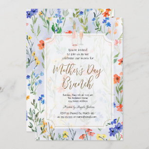 Chic Wildflower Blue Wine Mother's Day Brunch Invitation
